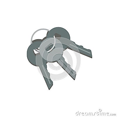 Bunch of three metallic keys hanging on ring. Key from car, house door and safe box. Concept of safety. Cartoon icon in Vector Illustration