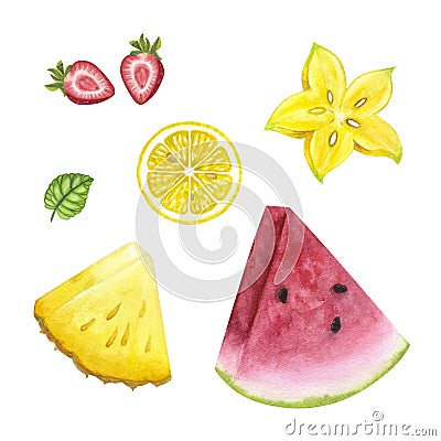 Bunch tropical fruits. Lemon watermelon strawberry pineapple carambola. Hand-drawn watercolor illustration on white Cartoon Illustration