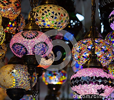 A bunch of turkish lamps at one of many Kemer gift shops. Antalya, Turkey Editorial Stock Photo