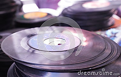 A bunch of vinyl records stacked in a flea market Stock Photo