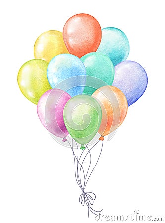 Bunch of watercolor balloons various colors on white Cartoon Illustration