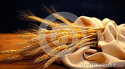 A bunch of wheat is wrapped on a cloth and laid on a table, in the style of sunlite still life Stock Photo