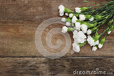 Bunch White Carnation Flower Bouquet Arrangement composition Isolated Rustic Wooden Background Stock Photo