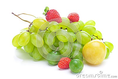 Bunch of white grapes,plum and strawberries Stock Photo