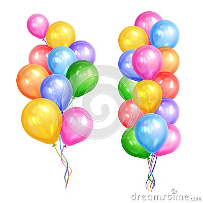 Bunches of colorful helium balloons isolated on white background Vector Illustration