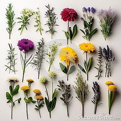 Bunches of Flowers Herbs and Dried Flowers in Kraft Packaging on White Background Stock Photo