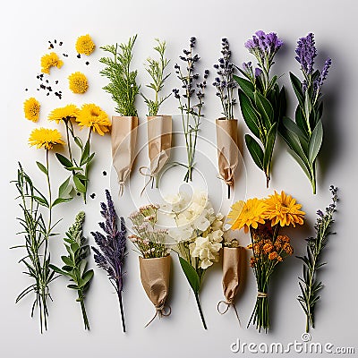 Bunches of Flowers Herbs and Dried Flowers in Kraft Packaging on White Background Stock Photo