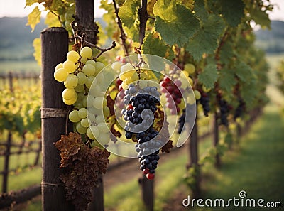 bunches of grapes hanging on bushes lined up in rows on a vineyard plantation Stock Photo