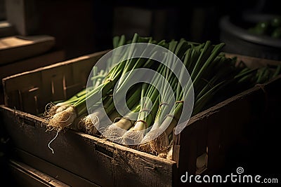 bunches of green onions in a box in a market stall, medieval fantasy, shaded background, front lighting Stock Photo