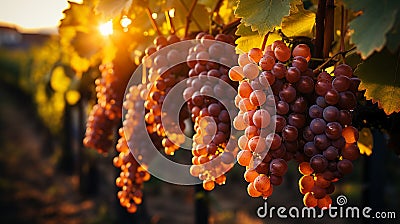 Bunches of purple grapes hanging from a vine plant in the vineyard at sunset. AI Generated. Stock Photo