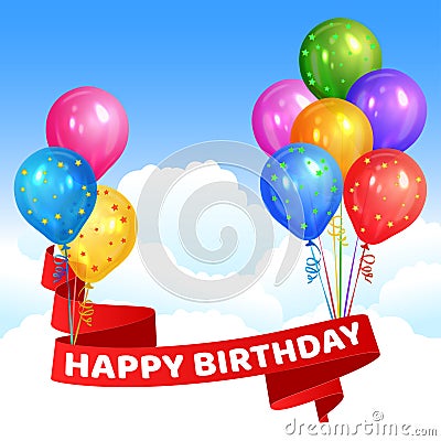 Bunches of realistic colorful helium balloons and ribbon Vector Illustration