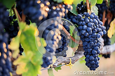 Bunches of ripe black grapes on vine row with selective focus Stock Photo