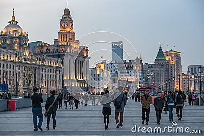 The Bund with colonial architecture in Shanghai at night, China Editorial Stock Photo