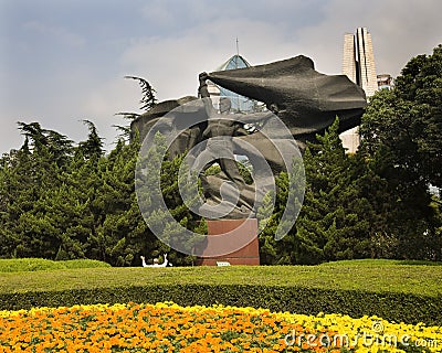 The Bund Shanghai Statue Flowers Editorial Stock Photo