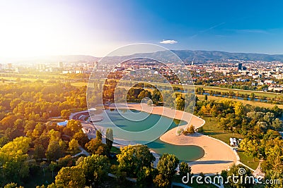 Bundek lake and city of Zagreb aerial autumn sun haze view Stock Photo