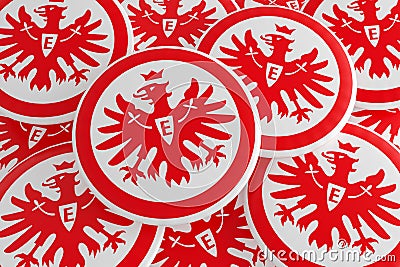 Bundesliga Badges: Pile of Eintracht Frankfurt Logo Buttons, 3D Illustration Editorial Stock Photo