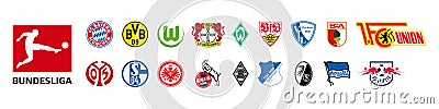 Bundesliga of Germany. Bayern Munich, Borussia Dortmund, Wolfsburg, Bayer, Freiburg, Bochum, Augsburg, Mainz, Schalke, Koln, Vector Illustration