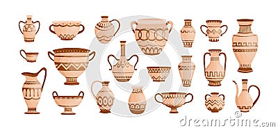 Bundle of ancient greek pottery isolated on white background. Collection of clay pots, vases and amphoras decorated by Vector Illustration