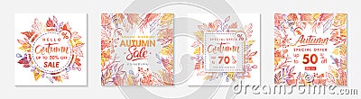 Bundle of autumn special offer banners with autumn leaves and floral elements in fall colors Vector Illustration