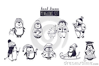 Bundle of baby boy and girl penguins wearing winter clothing and hats drawn in monochrome colors. Set of cute cartoon Vector Illustration