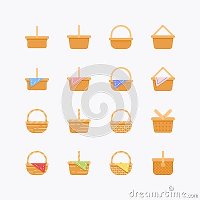 Bundle of Basket wicker vintage flat line icons collection. simple design vector Vector Illustration