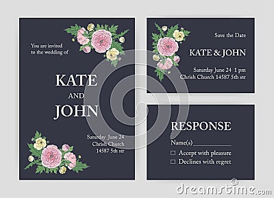 Bundle of beautiful wedding invitation, Save The Date and response card templates decorated with pink and yellow Vector Illustration