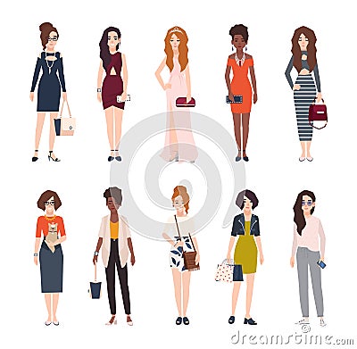 Bundle of beautiful young women dressed in trendy clothes. Set of pretty girls wearing stylish clothing and accessories Vector Illustration