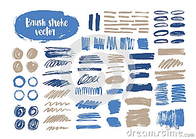 Bundle of blue and gray brush strokes, paint traces, smudges, smears, stains, scribble isolated on white background Vector Illustration