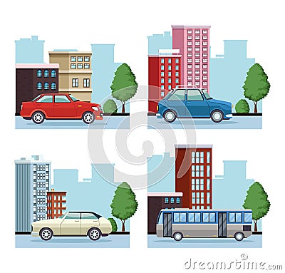 Bundle of buildings cityscape with cars and bus Vector Illustration