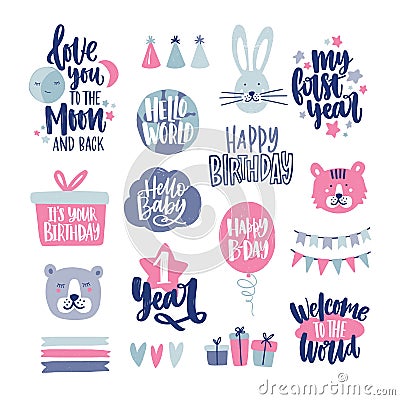Bundle of childish lettering handwritten with elegant calligraphic fonts decorated with cute cartoon design elements Vector Illustration