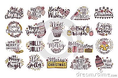 Bundle of Christmas written lettering decorated by seasonal winter decorations - holly leaves, baubles, knitted hat Vector Illustration