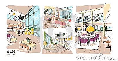 Bundle of colorful drawings of summer cottage interiors full of stylish and comfy furniture. Set of hand drawn house Vector Illustration