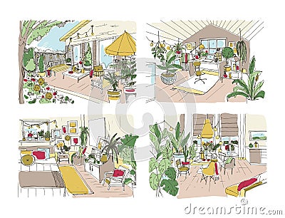 Bundle of colorful free sketches of house or apartment furnished in Scandinavian style. Set of rooms full of stylish Vector Illustration