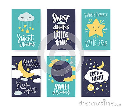 Bundle of colorful poster or flyer templates with Good Night and Sweet Dreams wishes with elegant lettering handwritten Vector Illustration