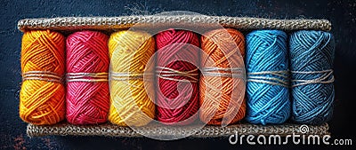 Bundle of Colorful Yarn Balls extreme closeup. Generative AI Stock Photo