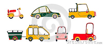 Bundle of cute cars. Toys set with targa, van, motorbike, jeep, minivan. Hand drawn vector illustration for kids textile Vector Illustration