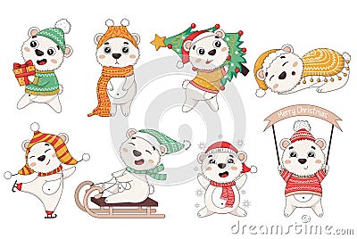Bundle of cute cartoon new year polar bears in winter clothes with christmas tree, skating, sledding, catching snowflakes, Vector Illustration