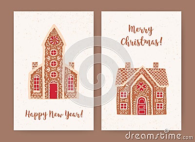 Bundle of decorative Christmas and New Year greeting card or postcard templates with sweet tasty gingerbread houses and Vector Illustration