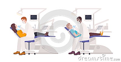 Bundle of dentists examining male and female patients lying in chairs. Set of dental surgeons treating man and woman Vector Illustration