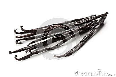 Bundle of dried bourbon vanilla beans or pods over white Stock Photo