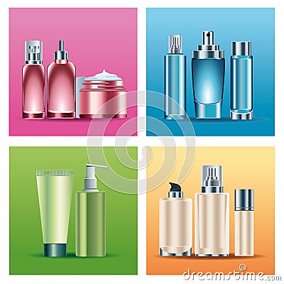 bundle of eleven skin care bottles products Vector Illustration