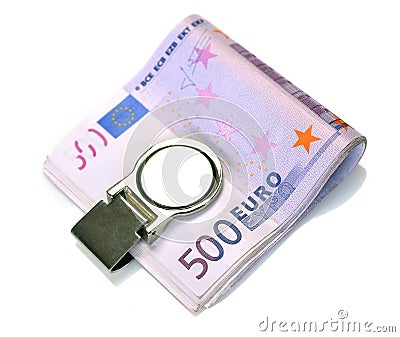 Bundle of 500 Euro bank notes fasten with money Stock Photo