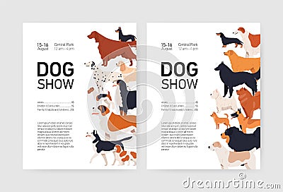 Bundle of flyer or placard templates for conformation dog show with adorable doggies of different breeds and place for Vector Illustration