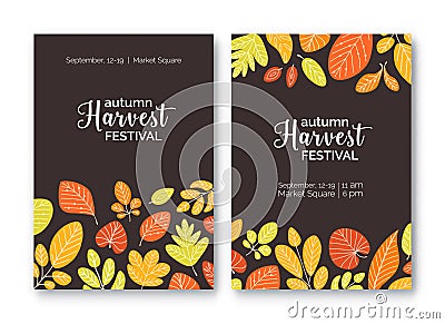 Bundle of flyer or poster templates for harvest festival announcement with colorful fallen autumn leaves or dried Vector Illustration