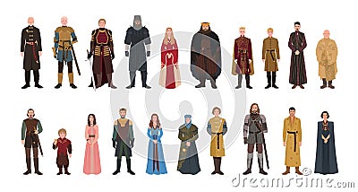 Bundle of Game of Thrones novel and TV series male and female fictional characters. Set of men and women dressed in Vector Illustration