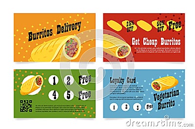 Bundle get cheap burritos loyalty card template vector Mexican fast food delivery service Vector Illustration