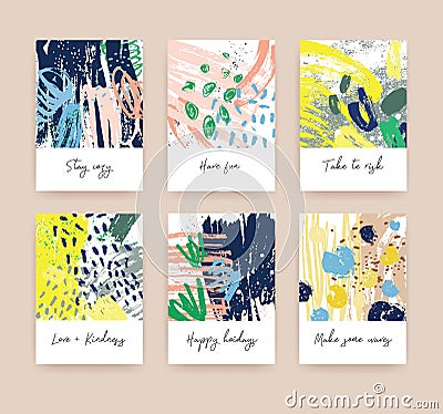 Bundle of greeting card or postcard templates with handwritten wishes and abstract hand drawn textures with colorful Vector Illustration