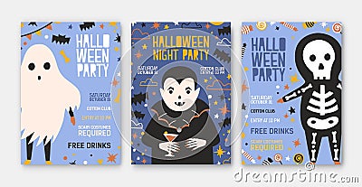 Bundle of Halloween party invitation, flyer or poster templates with cute vampire, skeleton, spooky ghost and place for Vector Illustration