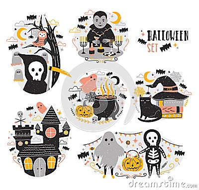 Bundle of Halloween scenes with funny and spooky cartoon characters - vampire, ghost, skeleton, grim reaper, pumpkin Vector Illustration