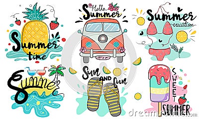 Bundle, hand lettering and summer illustration Design in doodle style Vector Illustration